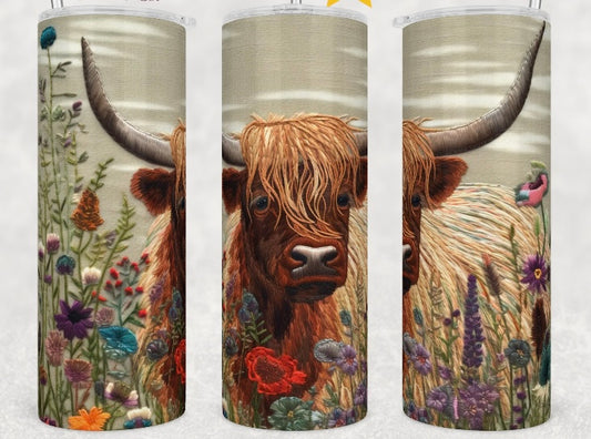 Highland Cow Faux Embroidered Tumbler